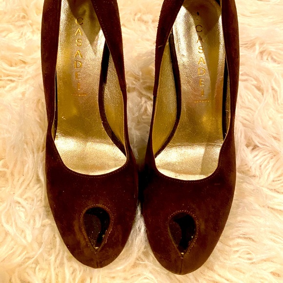 Casadei Brown Suede Peep-Toe Heels - Picture 1 of 4